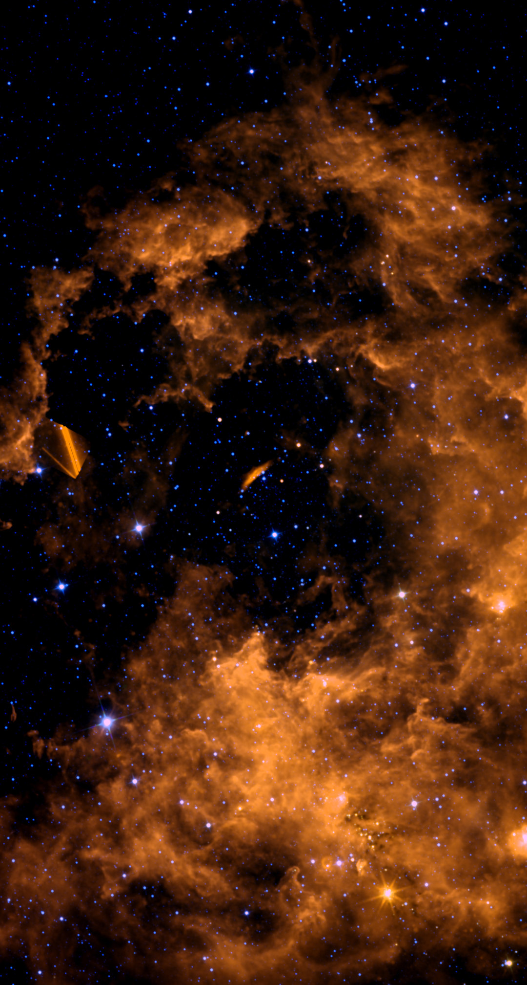 The Rosette Nebula field in infrared from NASA WISE data, placed on the same framing as the backyard photo — billowing orange clouds of warm dust ringing a dark, star-filled central cavity, heaviest across the lower half of the frame.