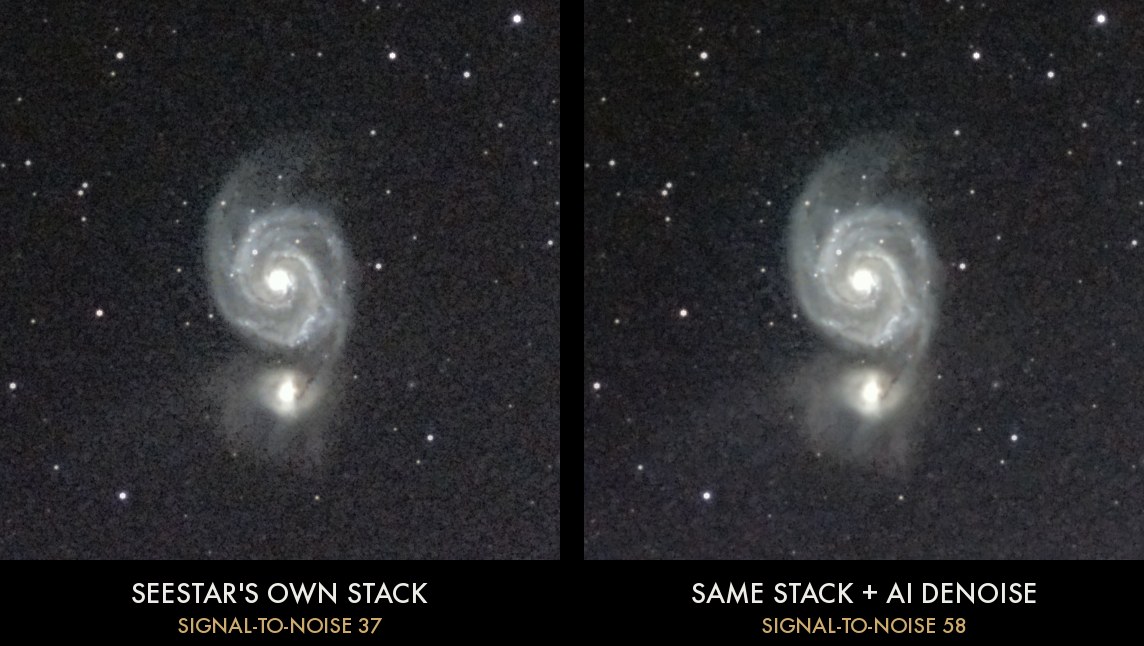 Side-by-side crops of the Whirlpool Galaxy from the same Seestar S50 session: on the left the scope’s own stack, grainy in the background; on the right the same stack after AI noise reduction, with a smooth background and the faint haze around the companion galaxy visible.