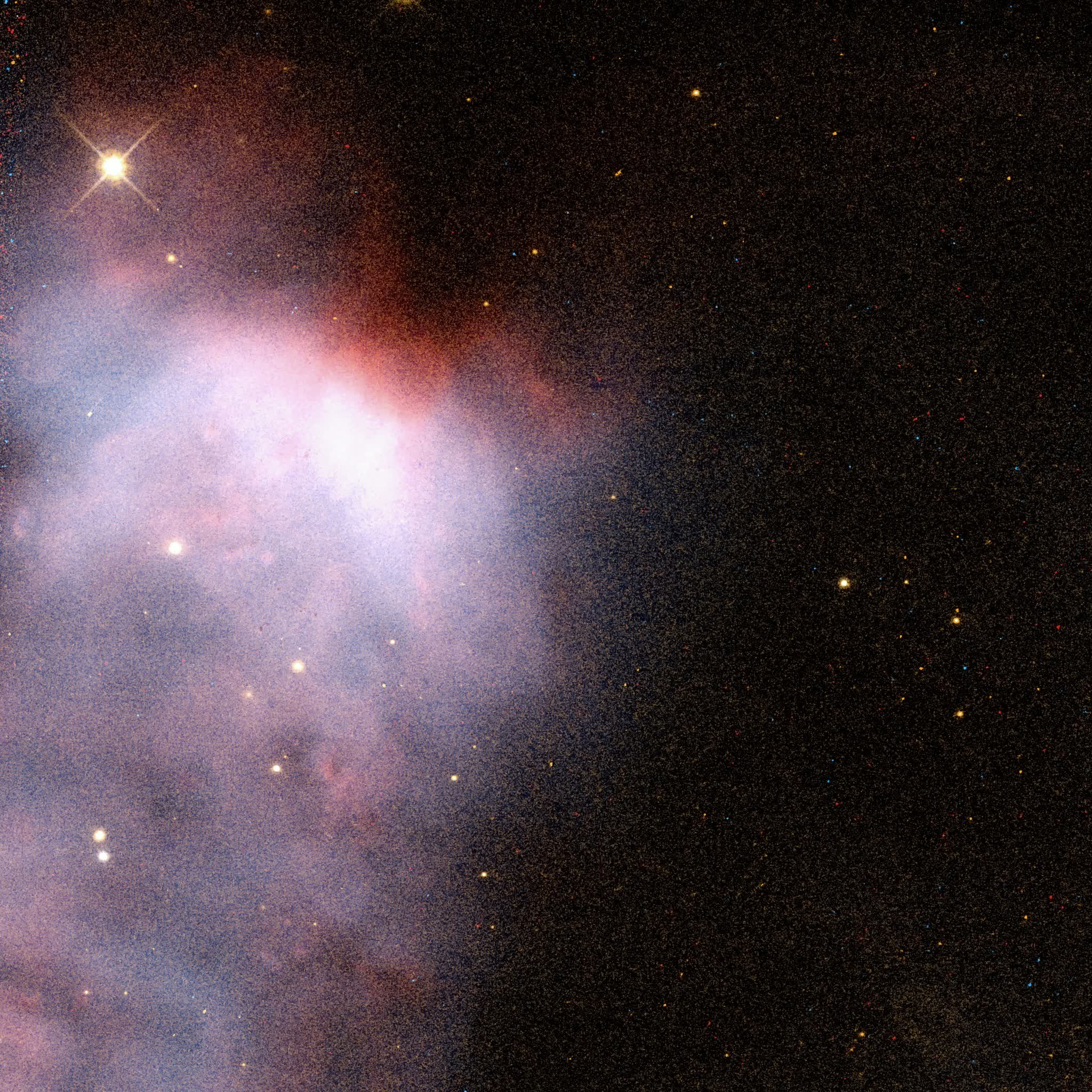 The Little Dumbbell Nebula (M76) from Hubble WFC3 data reprocessed by Kyle Eberly — a pearl-blue nebular body crowned by a glowing red hydrogen rim, a bright foreground star anchoring the upper left, faint wings cascading toward the lower edge.