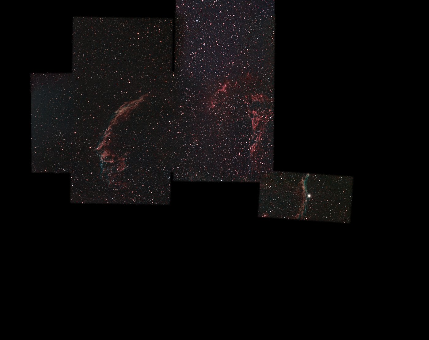 The first stage of the Veil mosaic: five separate frames of the Eastern Veil, Pickering’s Triangle and the Witch’s Broom placed on one canvas, with black gaps between them.