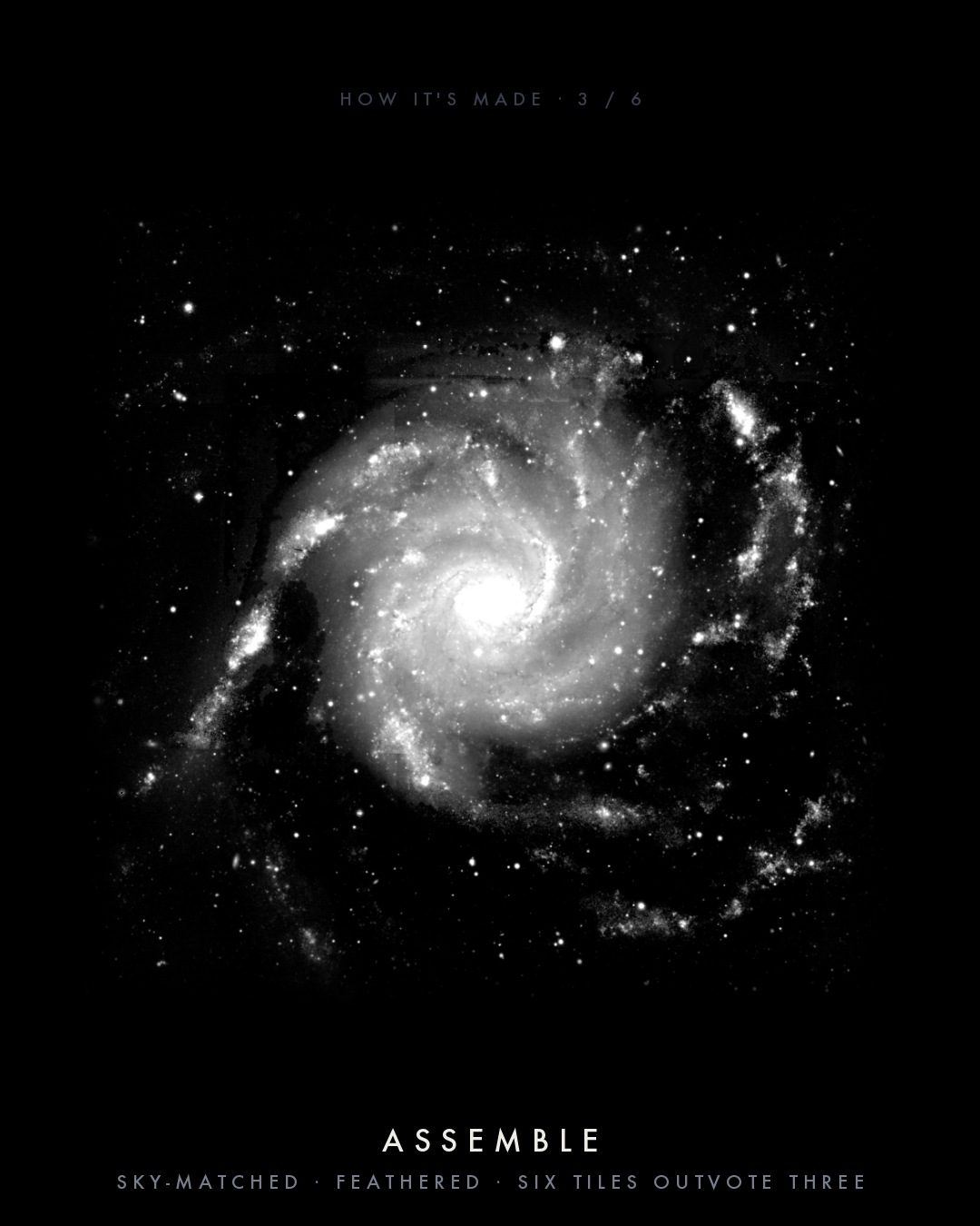 Stage 3, Assemble: the remaining tiles blended into one seamless grayscale mosaic of the Pinwheel Galaxy.